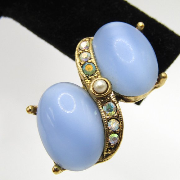 Vintage 1928 Earrings Moonglow Glass Rhinestones Baby Blue - Picture 2 of 4